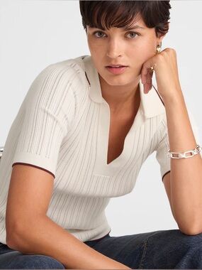 Madewell Ribbed The Signature Knit Johnny-Collar Sweater Winter White Combo Sz S
